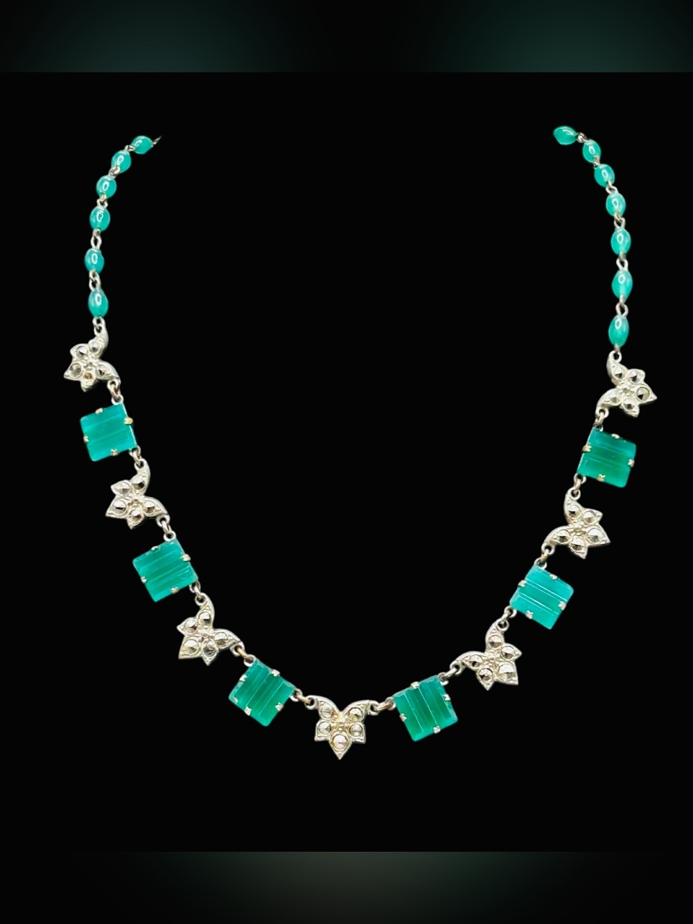 Vintage Art Deco Marcasite Molded Green Glass Necklace